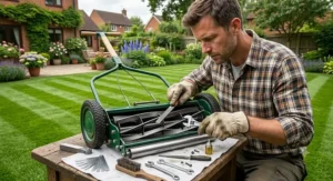 A gardener using tools to sharpen and adjust the cutting cylinder blades of a mower for a precise scissor cut.