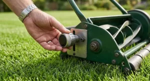Close-up view of adjusting the height of cut setting on a cylinder lawn mower for low cutting.