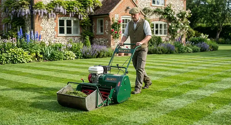 Petrol cylinder mower with rear roller creating classic dark and light stripes on a manicured British garden lawn.