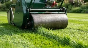 Close-up illustration showing how a cylinder lawnmower rear roller flattens grass blades to create crisp lawn stripes.