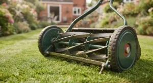 Close-up illustration showing the cylinder blades of a manual push lawn mower.