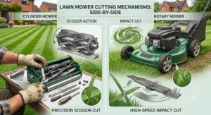 Side-by-side comparison diagram showing the scissor action of a cylinder lawn mower versus the impact cut of a rotary mower.