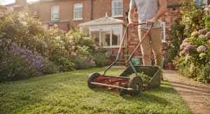 Eco-friendly manual push lawn mower operating without electricity or petrol.