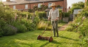 Manual push mower providing an eco-friendly lawn care solution for a sustainable British garden.