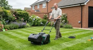 Compact electric cylinder mower creating neat striped lawn patterns on a medium-sized UK suburban lawn.