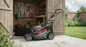 Self-propelled lawn mower with foldable handles for easy garden shed storage.