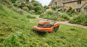 Illustration showing how a hover mower for slopes handles uneven British garden lawns.