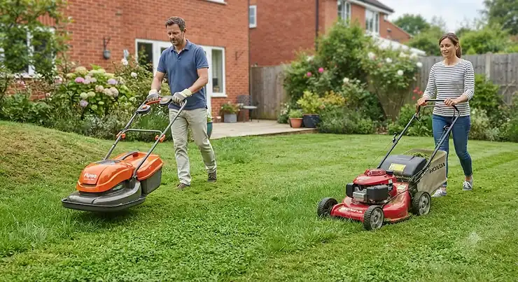 A side-by-side comparison showing a hover mower and a rotary mower for small and medium British gardens. hover mower vs rotary mower