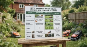 Comparison table helping homeowners decide whether a hover or rotary mower is best for their lawn type.