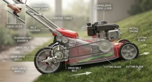 Diagram explaining the internal drive mechanism of a self-propelled petrol lawn mower for easier grass cutting on slopes.