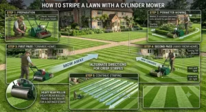 Step-by-step graphic illustrating alternate mowing directions with a cylinder mower for defined lawn stripes.