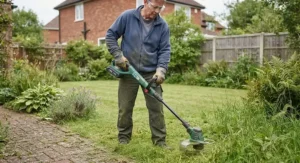 Gardener wearing safety goggles and gloves while operating a powerful strimmer under £100.