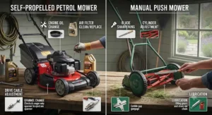 An overview of basic maintenance requirements for self-propelled versus manual push lawn mowers after the British mowing season.