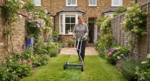 A gardener using a lightweight manual push lawn mower in a small, well-maintained British terraced house garden.