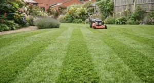 A perfectly manicured striped lawn achieved using a professional-grade self-propelled lawn mower.