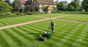 Self-propelled petrol cylinder lawnmower leaving professional parallel stripes across a large formal lawn.