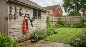 An electric grass strimmer resting against a garden shed in a typical British suburban garden.