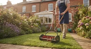 Lightweight push lawn mower being used on a small urban garden lawn.