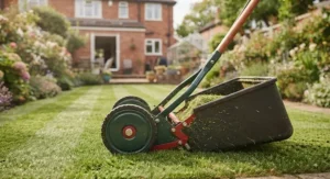 Push lawn mower equipped with a rear grass box for collecting clippings.