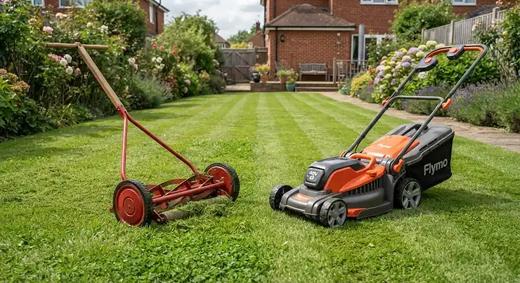 A side-by-side comparison of a traditional manual push mower and a modern electric lawnmower on a British garden lawn.