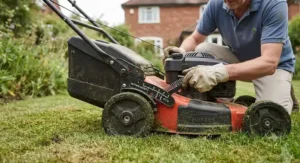 Adjusting the cutting height settings on a wheeled rotary mower for a neat lawn finish.