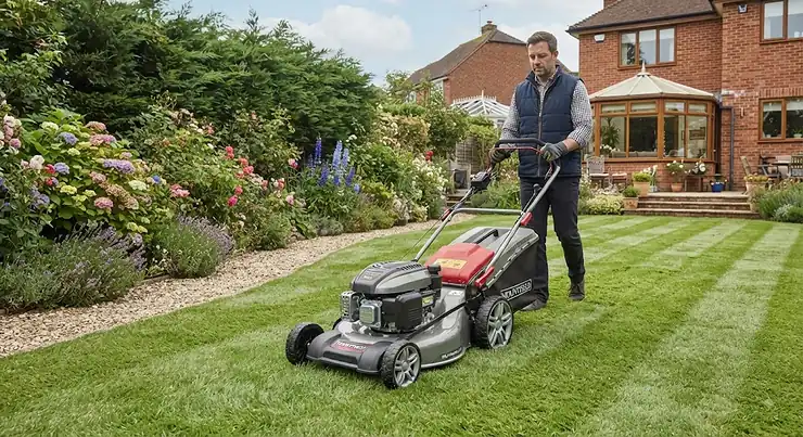 Illustration of a modern self-propelled lawn mower designed for British gardens.