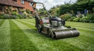 Self-propelled lawn mower featuring a rear roller for classic striped lawns.