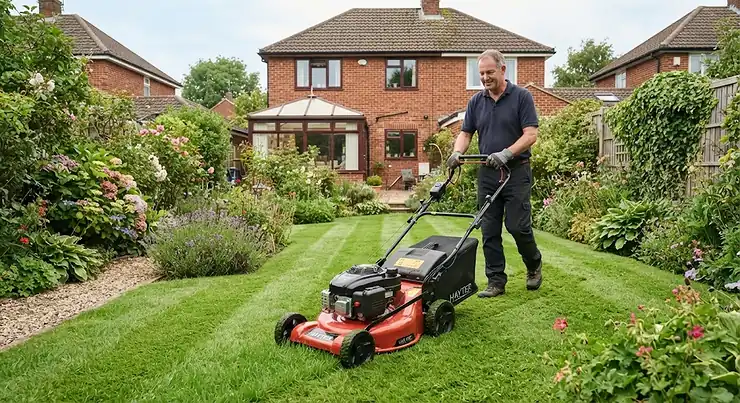 A self-propelled petrol lawn mower cutting grass in a typical British suburban garden.