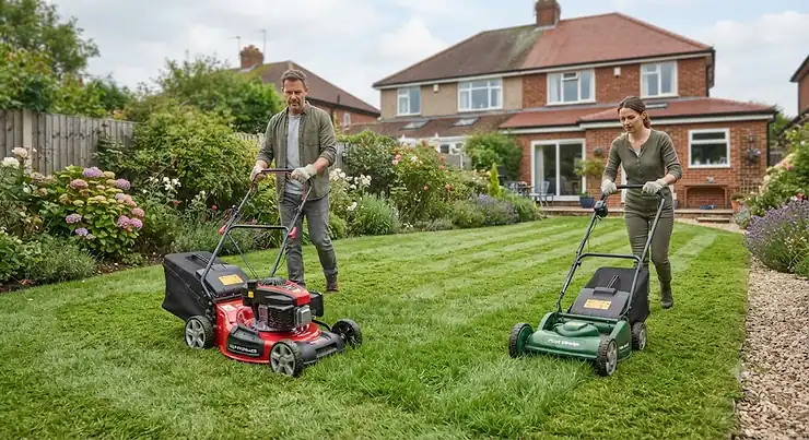 A comparison showing a self-propelled lawn mower versus a standard push lawn mower on a typical UK residential garden lawn. self-propelled vs push lawn mower