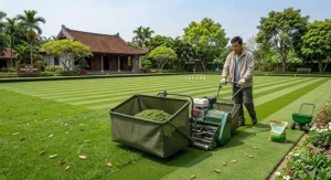 A homeowner using a cylinder lawn mower during early spring lawn maintenance to achieve a low cutting height.