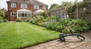 A neatly edged UK garden after being maintained with an affordable strimmer under £100.