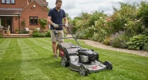 User operating a self-propelled lawn mower with adjustable drive speed.