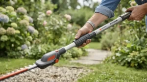 An adjustable telescopic shaft on a budget-friendly cordless strimmer being set by a gardener.