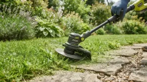 Close-up of a rechargeable battery strimmer cutting overgrown grass in a tiny back garden