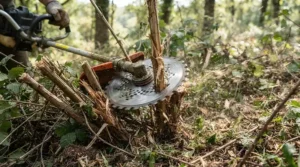 Brush cutter attachment on a heavy-duty garden strimmer clearing dense woody stems