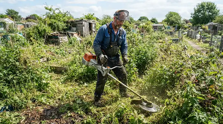 Clearing a neglected vegetable patch plot using budget-friendly brush cutters under £250.
