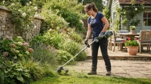Using cordless electric brush cutters under £250 near a suburban patio and flowerbeds.