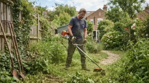 A person clearing overgrown weeds and tall grass using brush cutters under £250 in a typical British back garden.