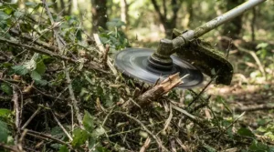 Close-up of brush cutters under £250 fitted with a metal clearing blade cutting dense brambles.