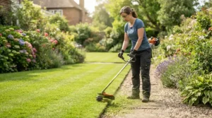 Trimming lawn edges neatly with the nylon trimmer head of brush cutters under £250.
