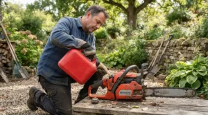 Refuelling petrol-powered brush cutters under £250 before tackling a large allotment space.