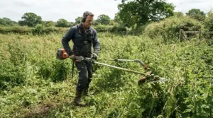 Clearing dense stinging nettles and tall weeds with powerful brush cutters under £250.