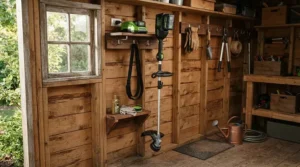 A compact rechargeable grass trimmer stored neatly in a small garden shed alongside other tools.