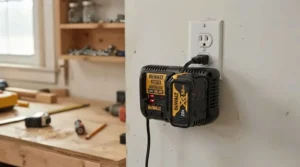A lithium-ion battery being charged for a lightweight garden strimmer in a utility room