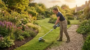 Cordless strimmer being used to neaten the edges of a large sweeping lawn