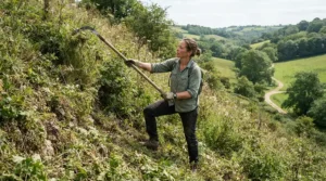 Using an ergonomic cordless strimmer for long grass on a steep grassy railway embankment slope.