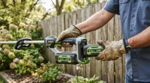 Using a dual battery cordless strimmer for long grass to clear heavy overgrowth near a garden fence.