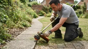 An adjustable cutting head on a cordless strimmer for long grass trimming around patio edges.