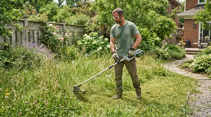 A cordless strimmer for long grass tackling an overgrown back garden lawn during a sunny afternoon.