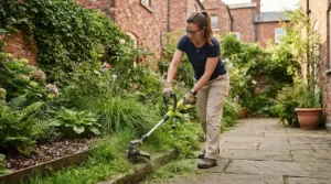 A compact cordless strimmer for long grass being used in a narrow, walled suburban courtyard.